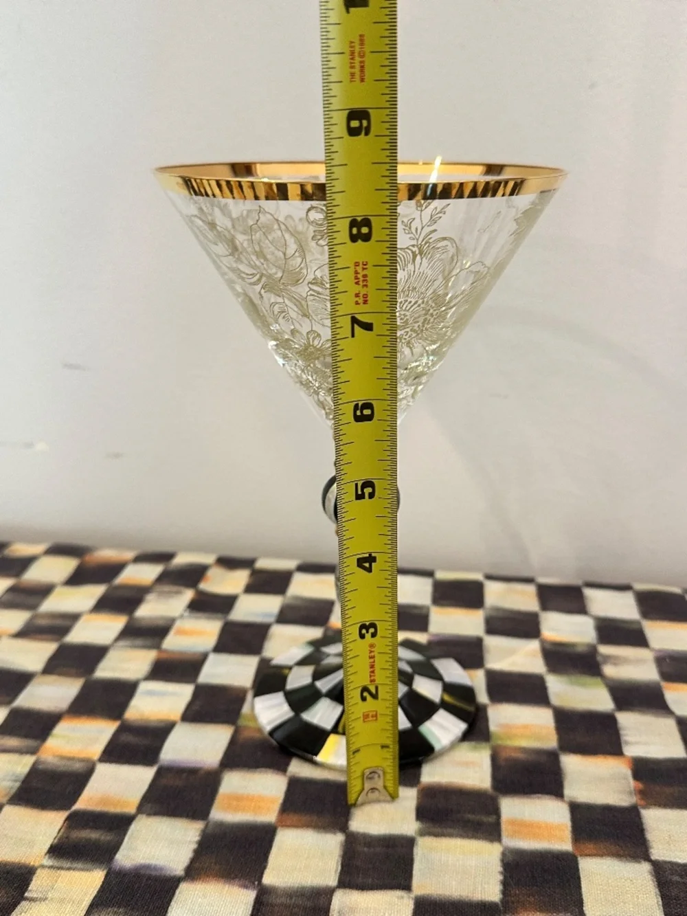 New Mackenzie Childs BLOOMING COURTLY CHECK Martini Floral Glass 8.25